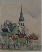 Inga Palmgren, watercolour of a town scene with church spire, signed. H.43 W.38cm