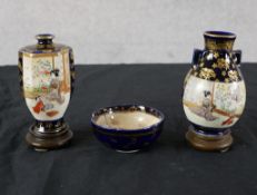 Three pieces of 20th century Japanese Satsuma porcelain vases, comprising two vases, each raised