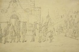 After Frederick George Byron (1764-1792, British), French soldiers outside the castle, pen