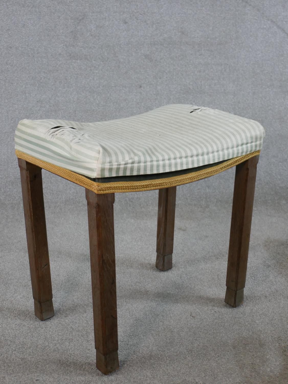 An Art Deco limed oak George VI Coronation stool, with inverted upholstered seat raised on square - Image 3 of 5