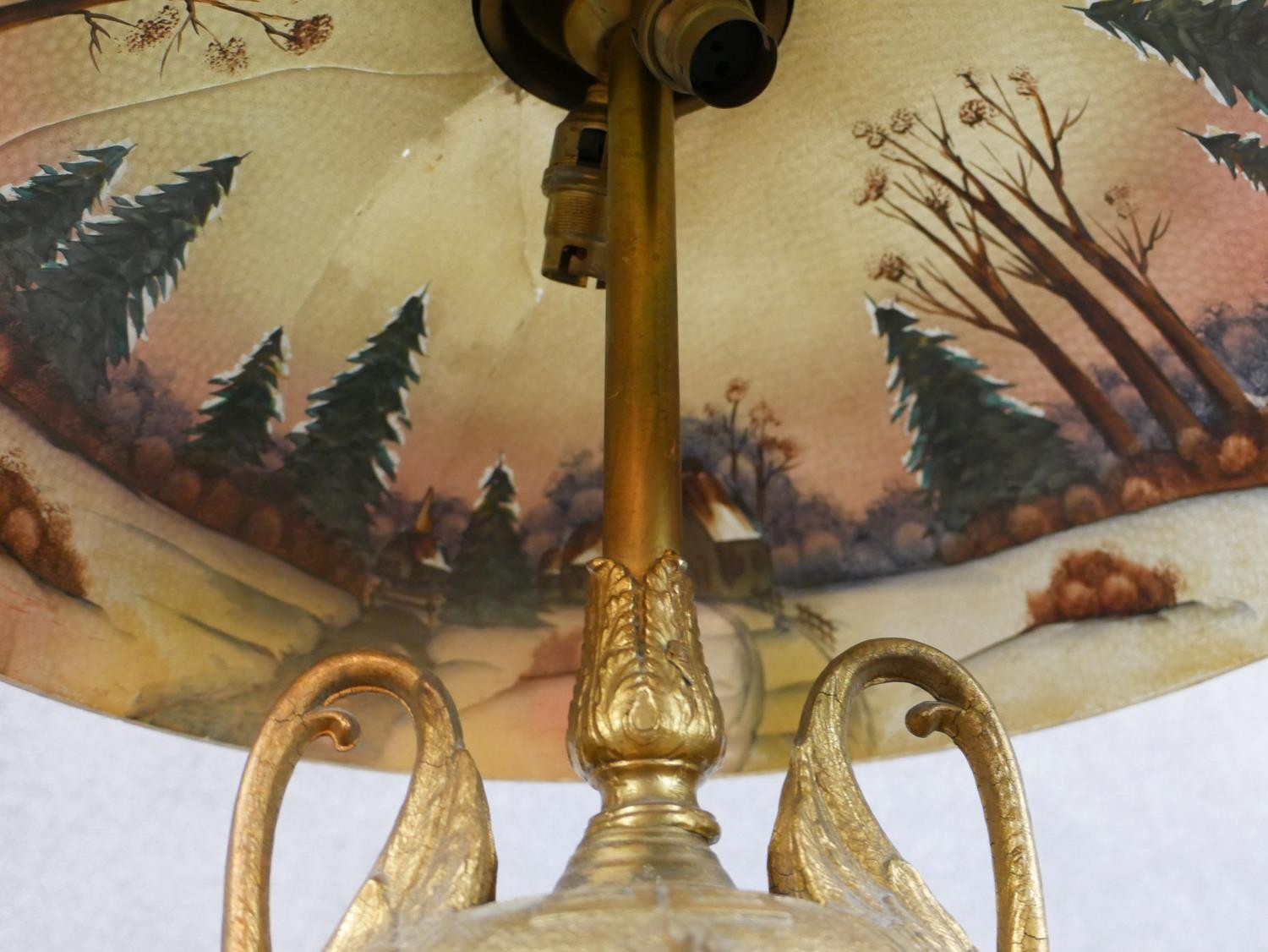 A 20th century table lamp with reverse glass painted light shade, standing on a twin swan/crane head - Image 11 of 11