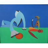 20th century, surrealist abstract figures, oil on canvas, unsigned and framed. H.48 W.58cm