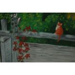 A framed oil on canvas of a ginger cat on a garden fence with woodpecker, unsigned. H.54 W.63cm.