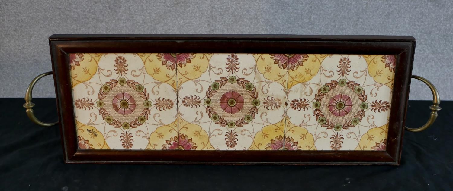 A late 19th century mahogany and brass twin handled tray, inset with three floral decorated square - Image 2 of 6
