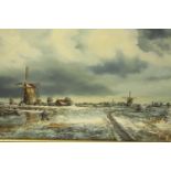 Kosten (20th century), snow covered windmills, oil on canvas, signed and framed. H.55 W.155cm.