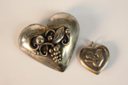 A large Danish silver heart shaped brooch with relief grape design, hallmarked 925S, GD along with a