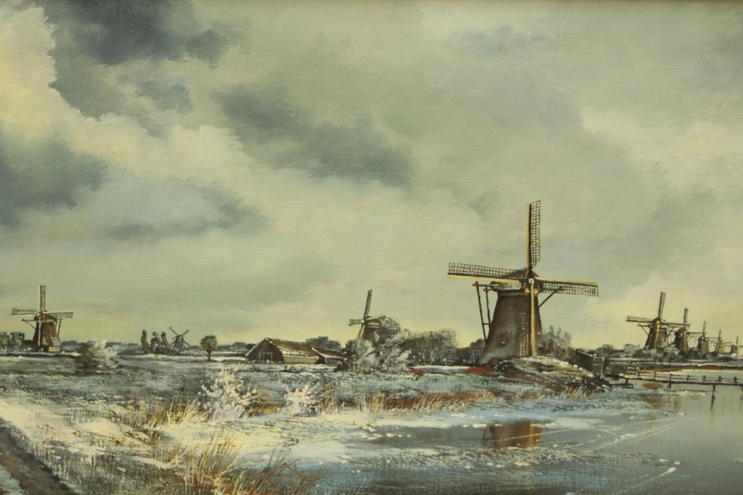 Kosten (20th century), snow covered windmills, oil on canvas, signed and framed. H.55 W.155cm. - Image 2 of 6