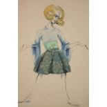 Early 20th century, lady in couture outfit, watercolour on paper, unsigned, framed. H.60 W.46cm.