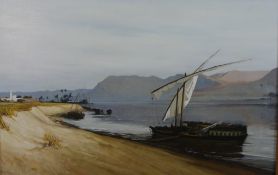 A 20th century, indistinctly signed, sailing boat on a river, oil on canvas, signed in pencil and