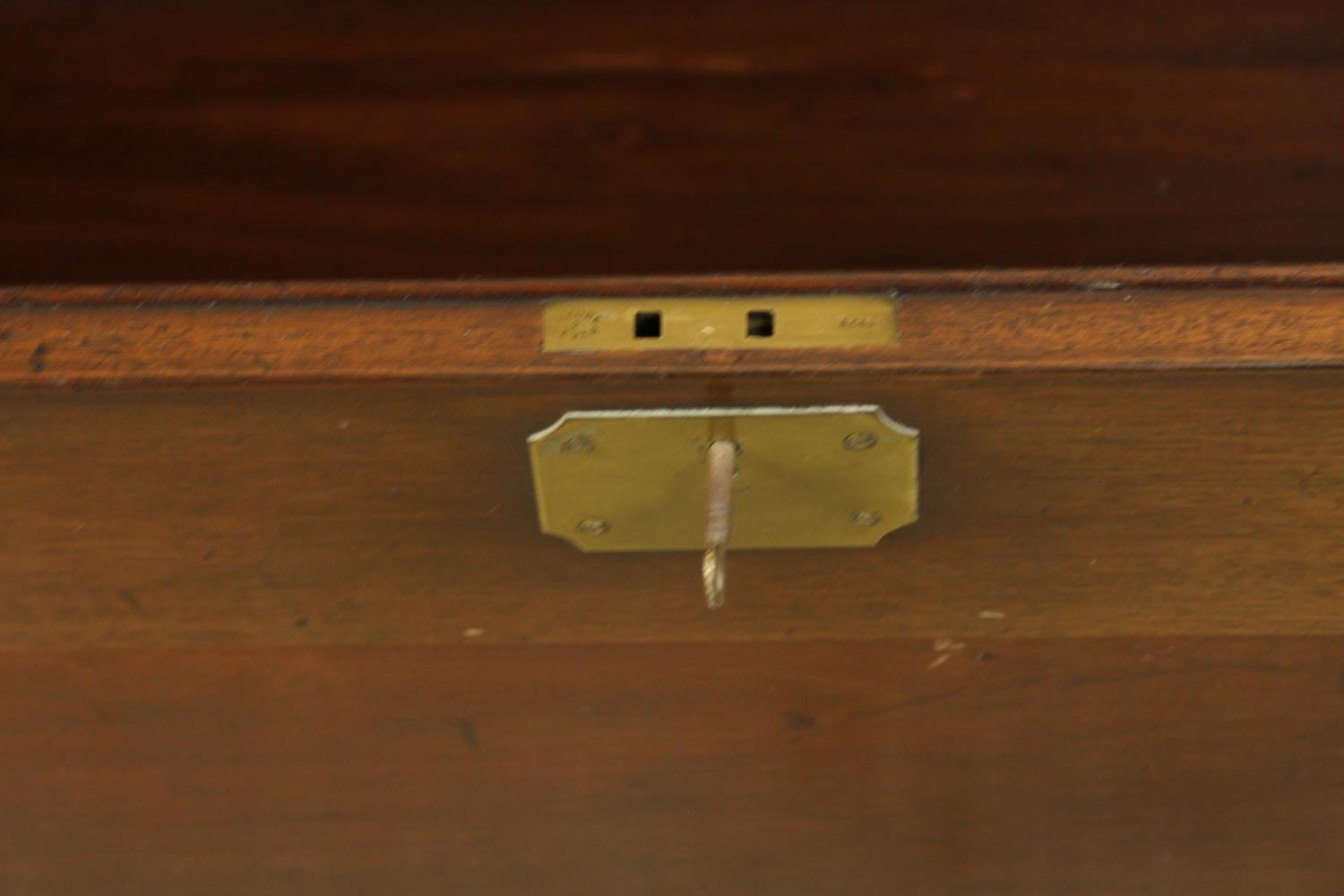 A 20th century stained hardwood and brass mounted campaign style twin handled blanket box. H.46 W.76 - Image 8 of 9