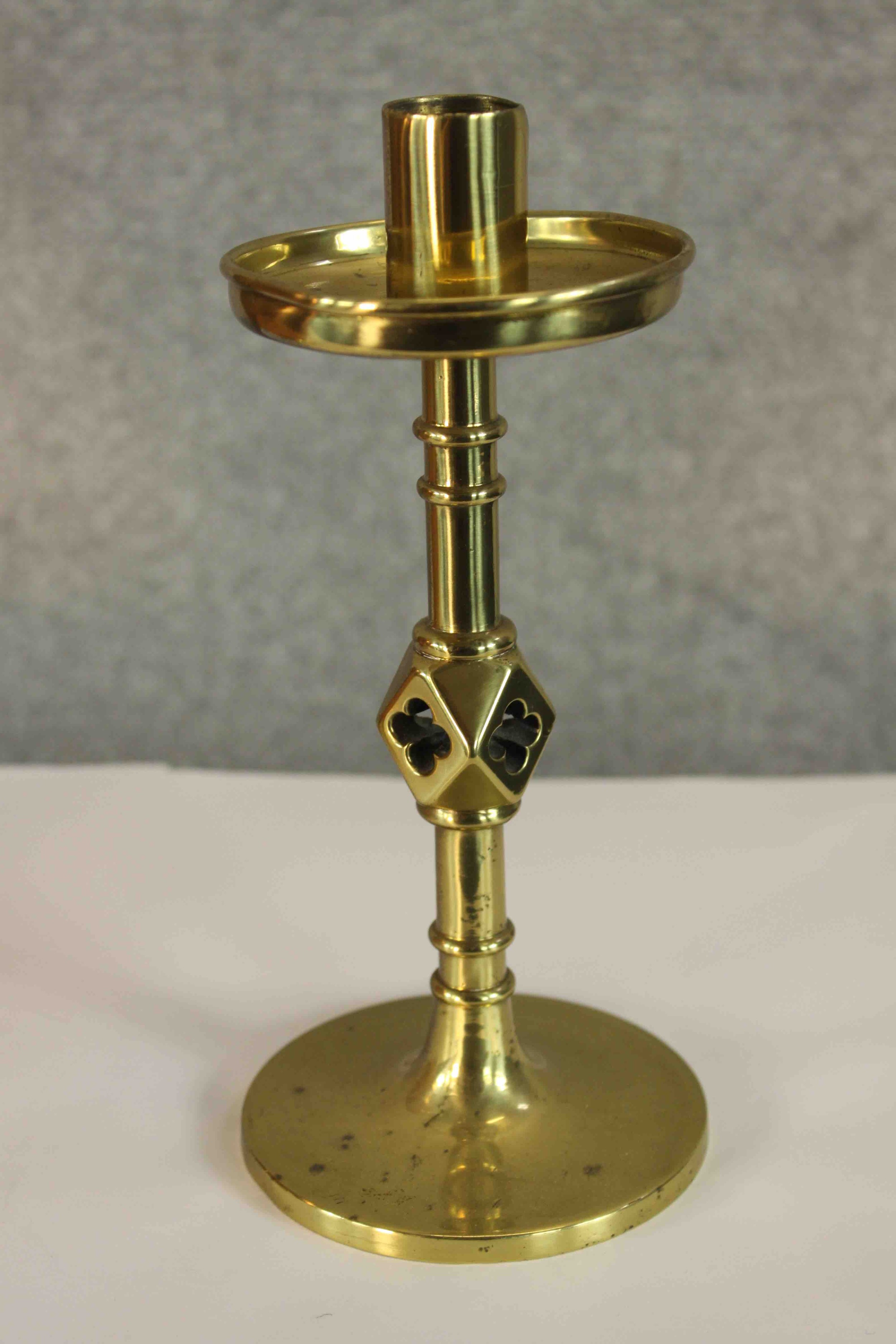 A 19th century Gothic Revival style brass candlestick, the central column with diamond knop raised - Image 3 of 9