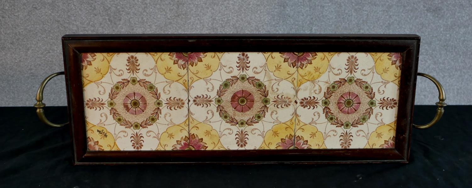 A late 19th century mahogany and brass twin handled tray, inset with three floral decorated square - Image 3 of 6