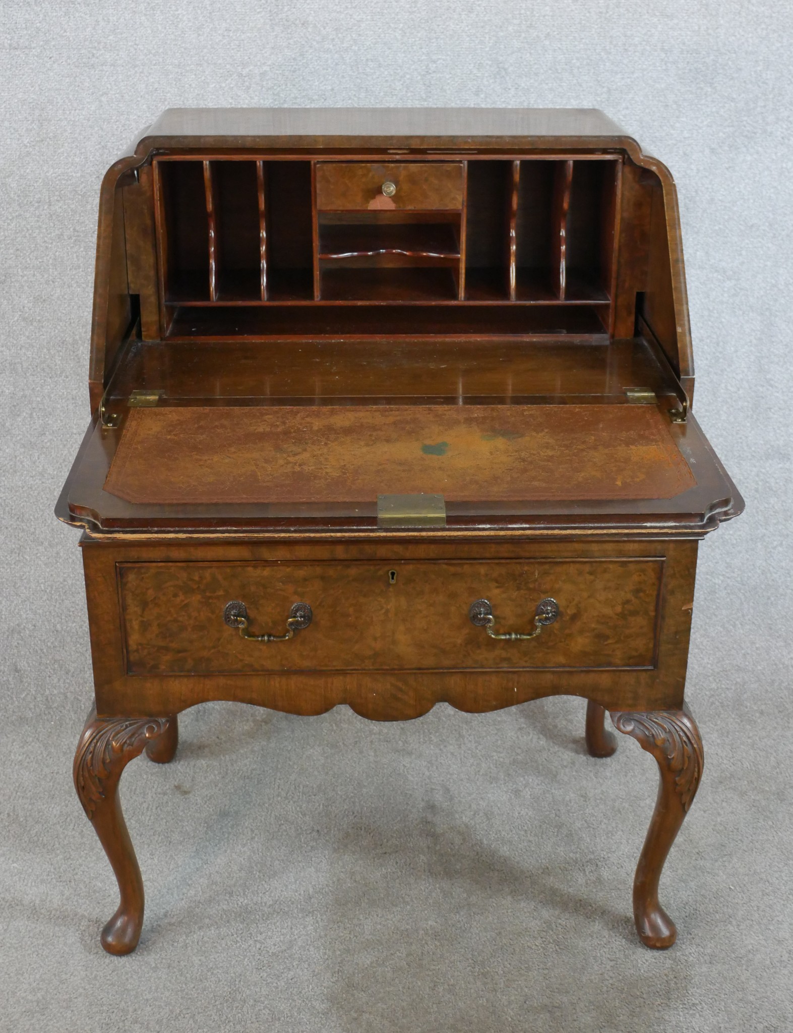 An early 20th century burr walnut fall front bureau, opening to reveal fitted interior with two over - Image 2 of 5