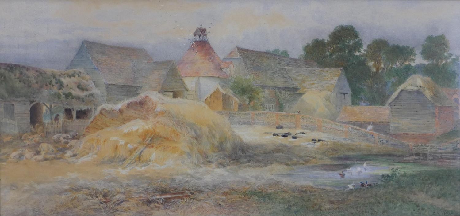 Charles Earle (1832 - 1893), 'A Southdown Farm', watercolour signed, with name plaque. H.35 W.62cm