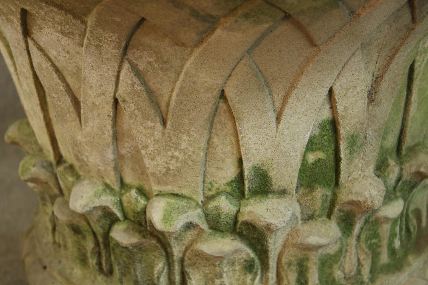 A 20th century stone garden urn shaped planter and stand, with blind lattice work decoration. H.56 - Image 5 of 6