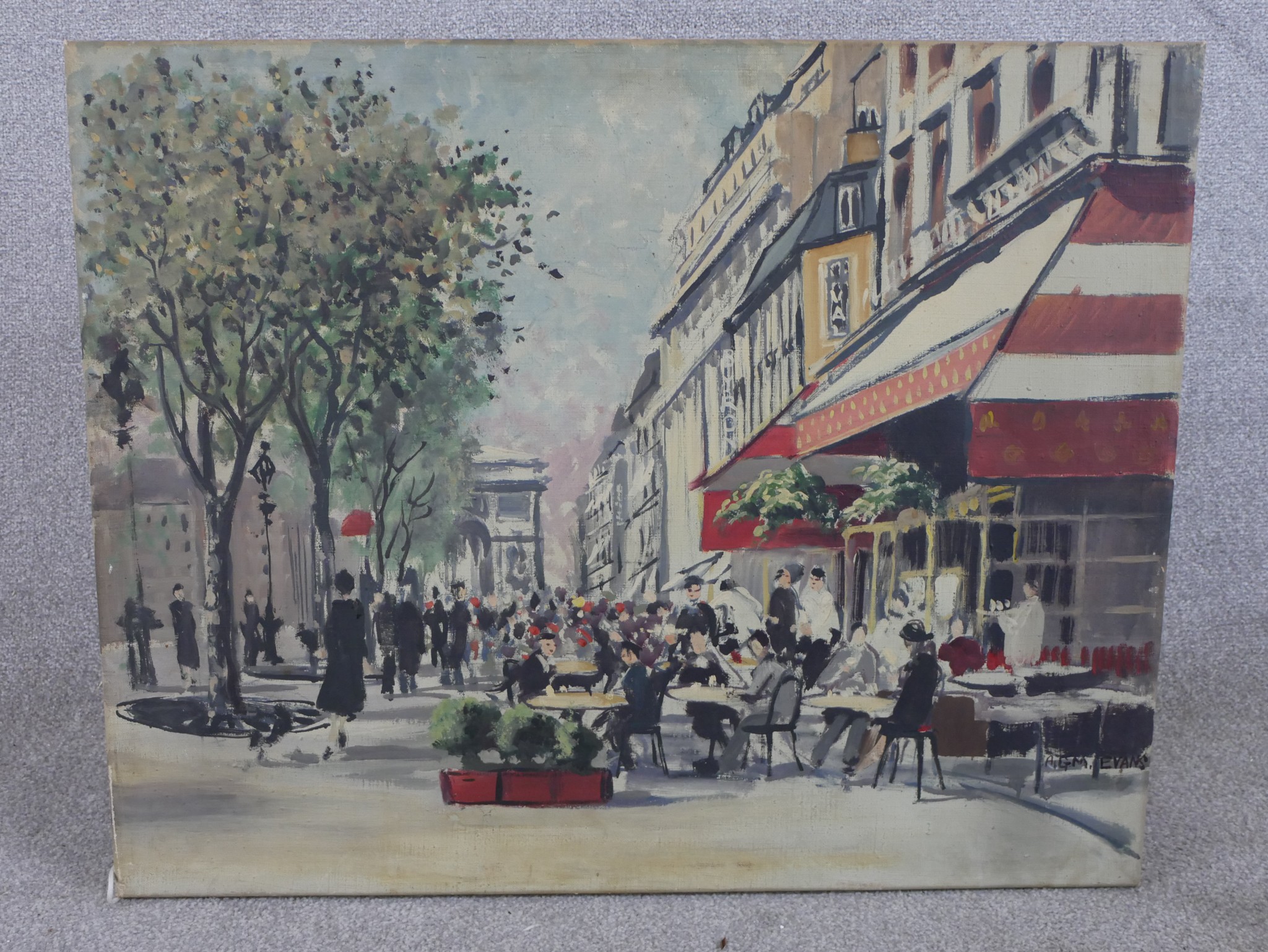 A.G.M. Evans (20th century), Parisian café scene, oil on canvas, signed and unframed. H.61 W.77cm - Image 2 of 4