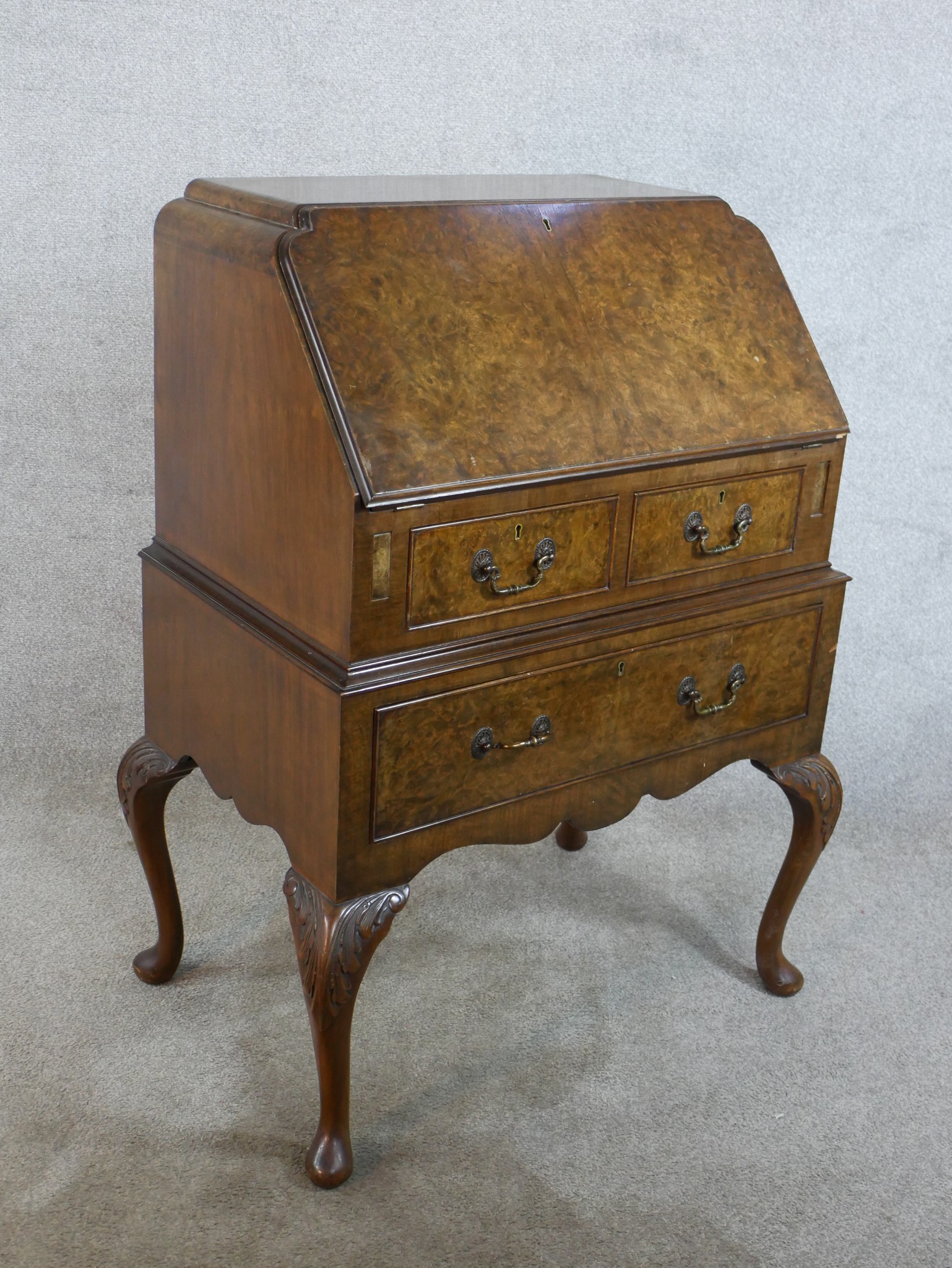 An early 20th century burr walnut fall front bureau, opening to reveal fitted interior with two over - Image 5 of 5