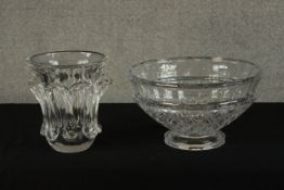 A large 20th century, possibly Irish circular cut glass footed bowl. H.20 W.36 D.36cm, together with