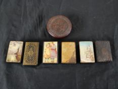 Six assorted rectangular late 19th/early 20th century painted snuff/match holders, each decorated