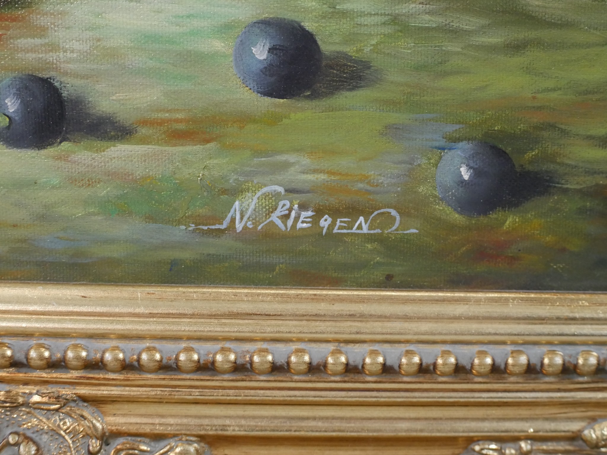 N. Riegen (20th century) still life of a pear and blackberries, oil on canvas, signed and framed, - Image 4 of 9