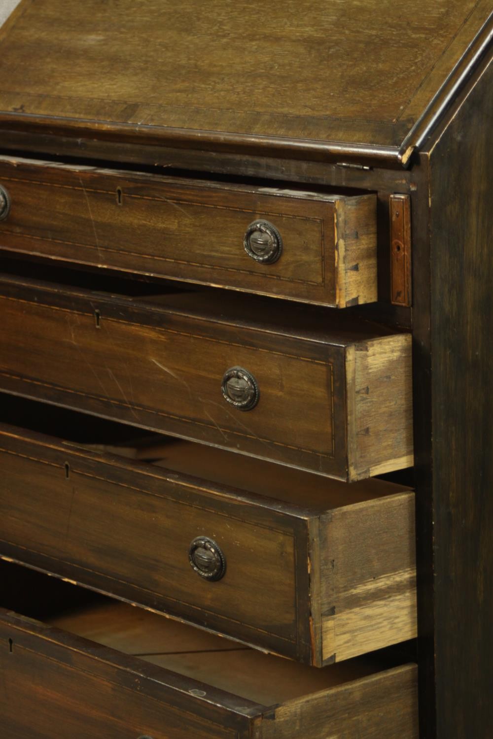An early 20th century stained mahogany bureau, the fall front opening to reveal fitted interior, - Image 9 of 10