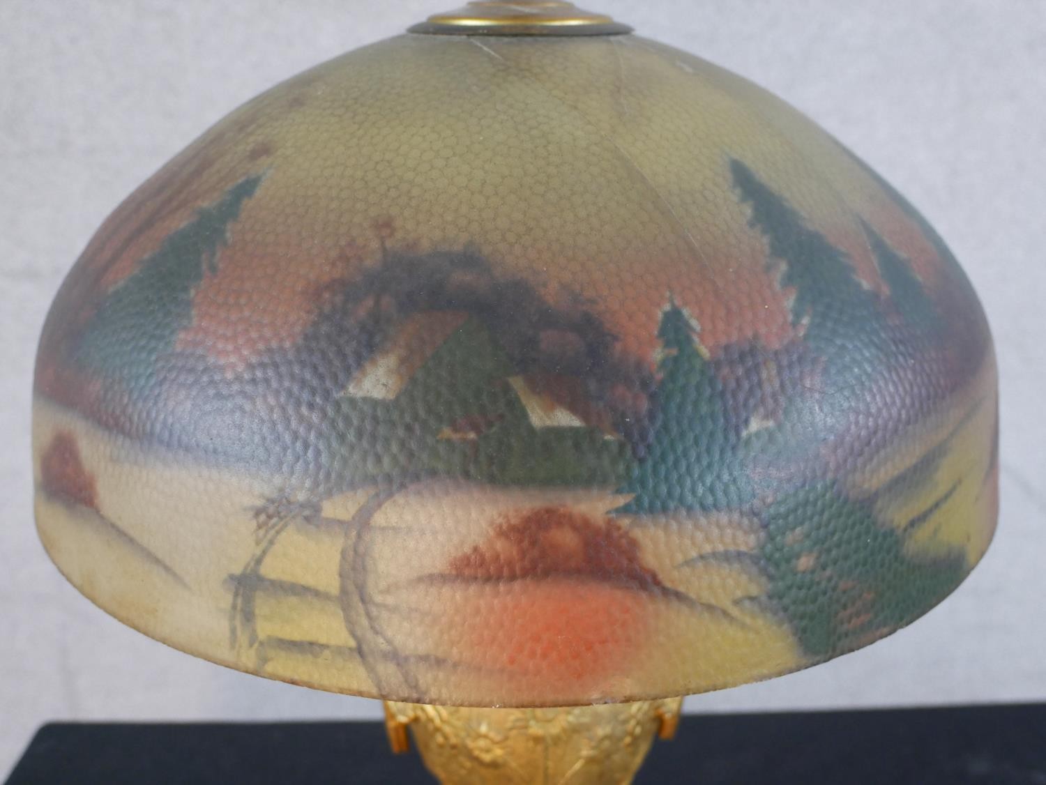 A 20th century table lamp with reverse glass painted light shade, standing on a twin swan/crane head - Image 9 of 11