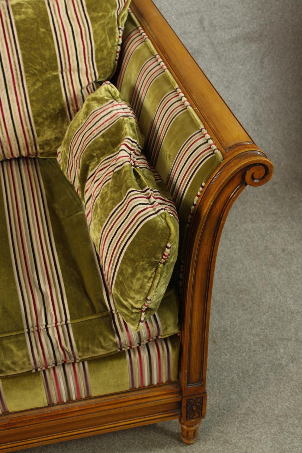 An early 20th century bergère and beech scroll arm two seater settee raised on fluted tapering - Image 6 of 8