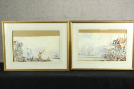 19th/early 20th century, boats on the river, watercolour on paper, unsigned, framed, a pair. H.58