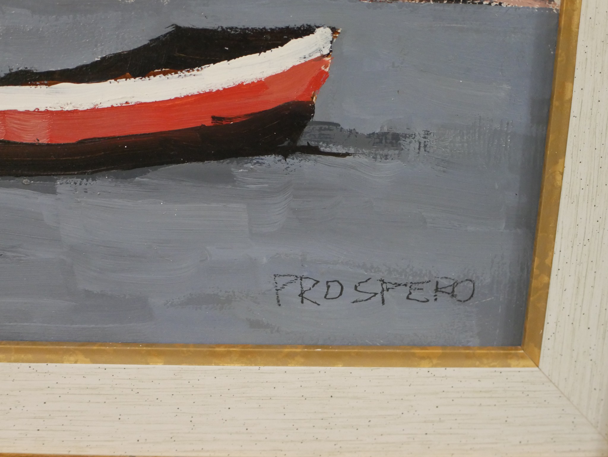 Prospero (20th century), three red and white boats on the sea, oil on board, signed and framed, - Image 4 of 5