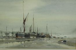 Sidney Cardew (b.1931), Morning Light at Pin Mill, sailing boats moored on the beach, watercolour on