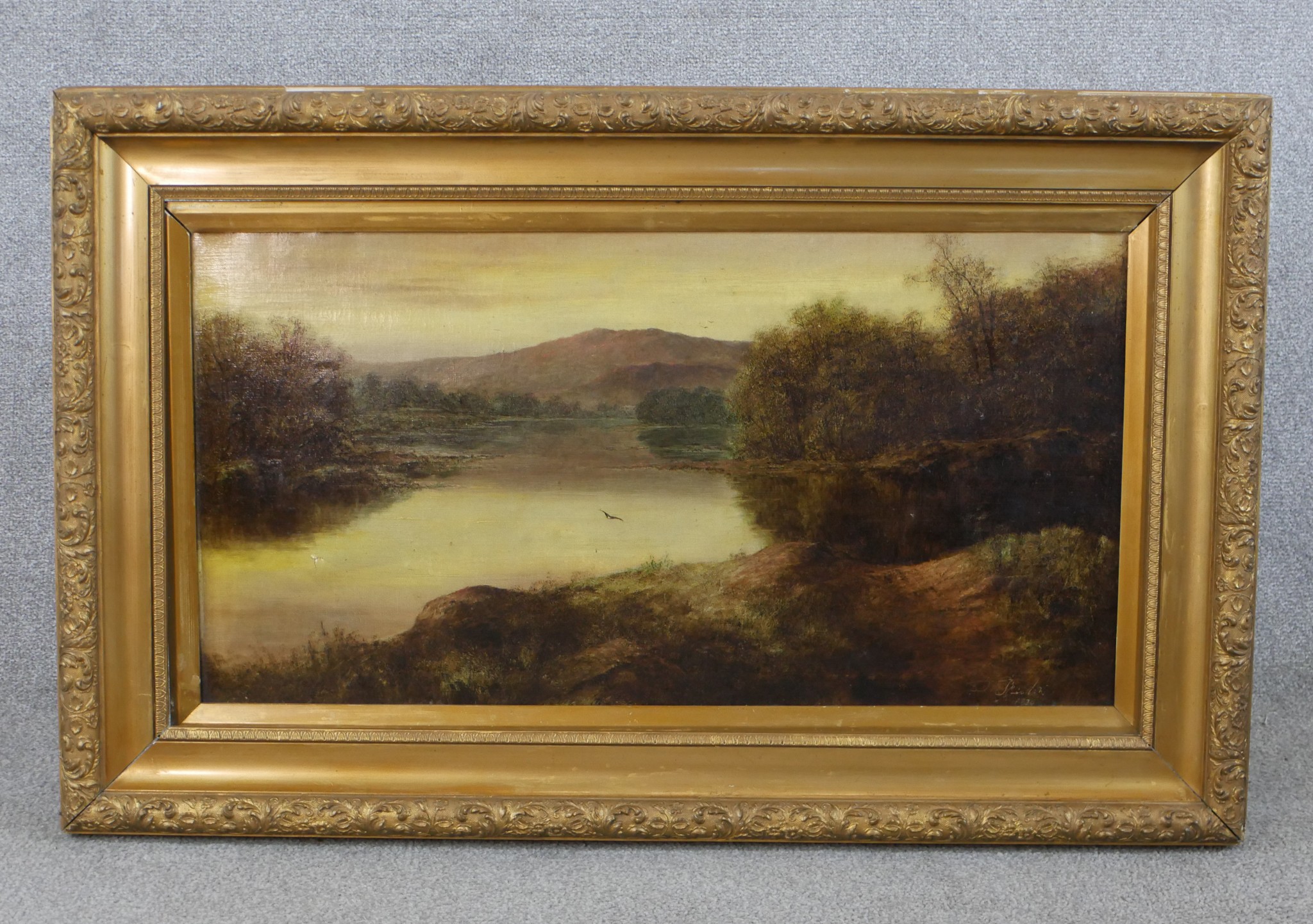 19th/ early 20th century British school, sunset over mountainous river, oil on canvas, unsigned - Image 2 of 7