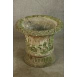 A 20th century stone garden urn shaped planter and stand, with blind lattice work decoration. H.56