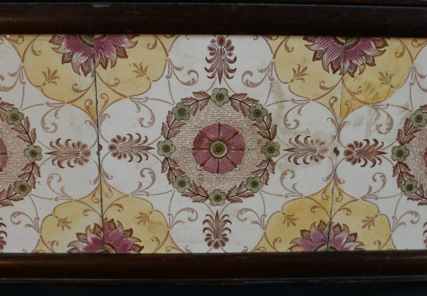 A late 19th century mahogany and brass twin handled tray, inset with three floral decorated square - Image 4 of 6