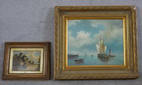 A 19th/early 20th century, boats on the calm sea, oil on canvas, unsigned and framed, together