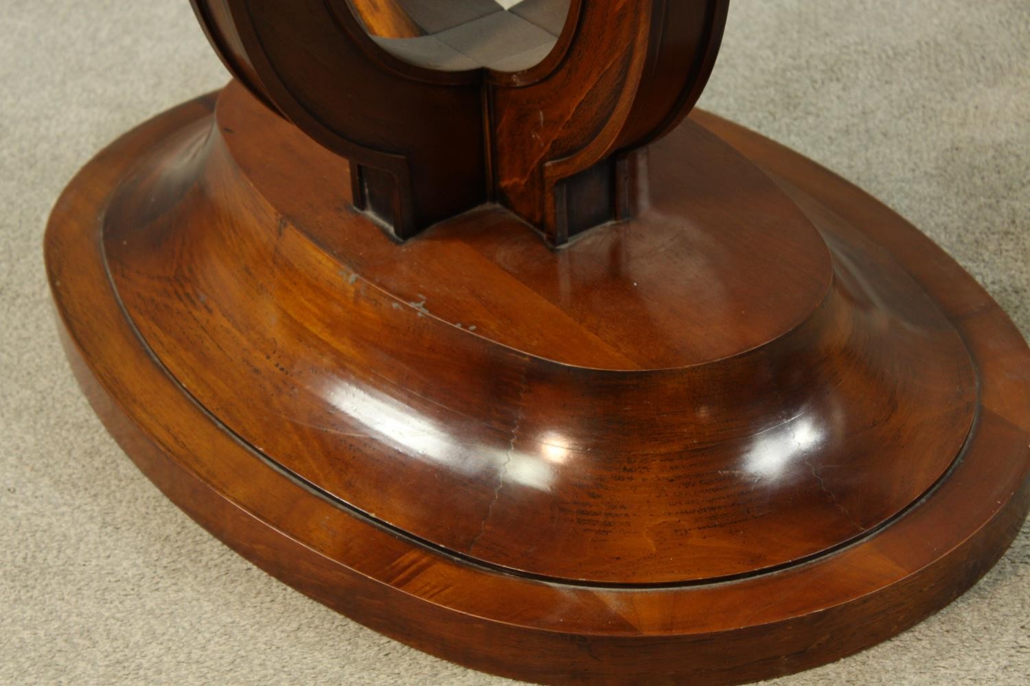 A 20th century mahogany pull oval extendable table, on four carved trumpeting supports terminating - Image 6 of 10