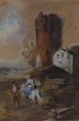 A 19th century, lady on a horse with castle tower behind, mixed media on brown paper, unsigned and