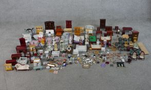 Over 100 pieces of contemporary dolls house furniture and accessories. H.17 W.17 D.5cm largest