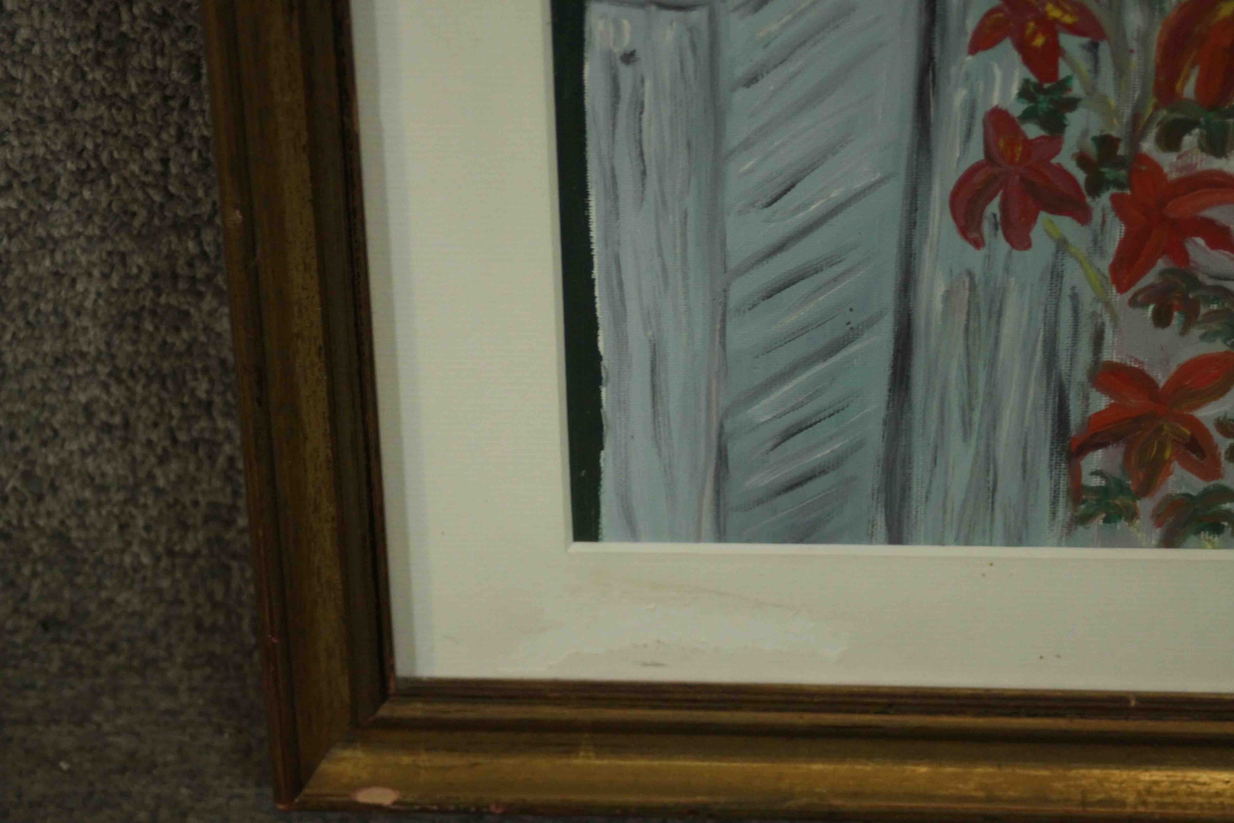 A framed oil on canvas of a ginger cat on a garden fence with woodpecker, unsigned. H.54 W.63cm. - Image 5 of 7