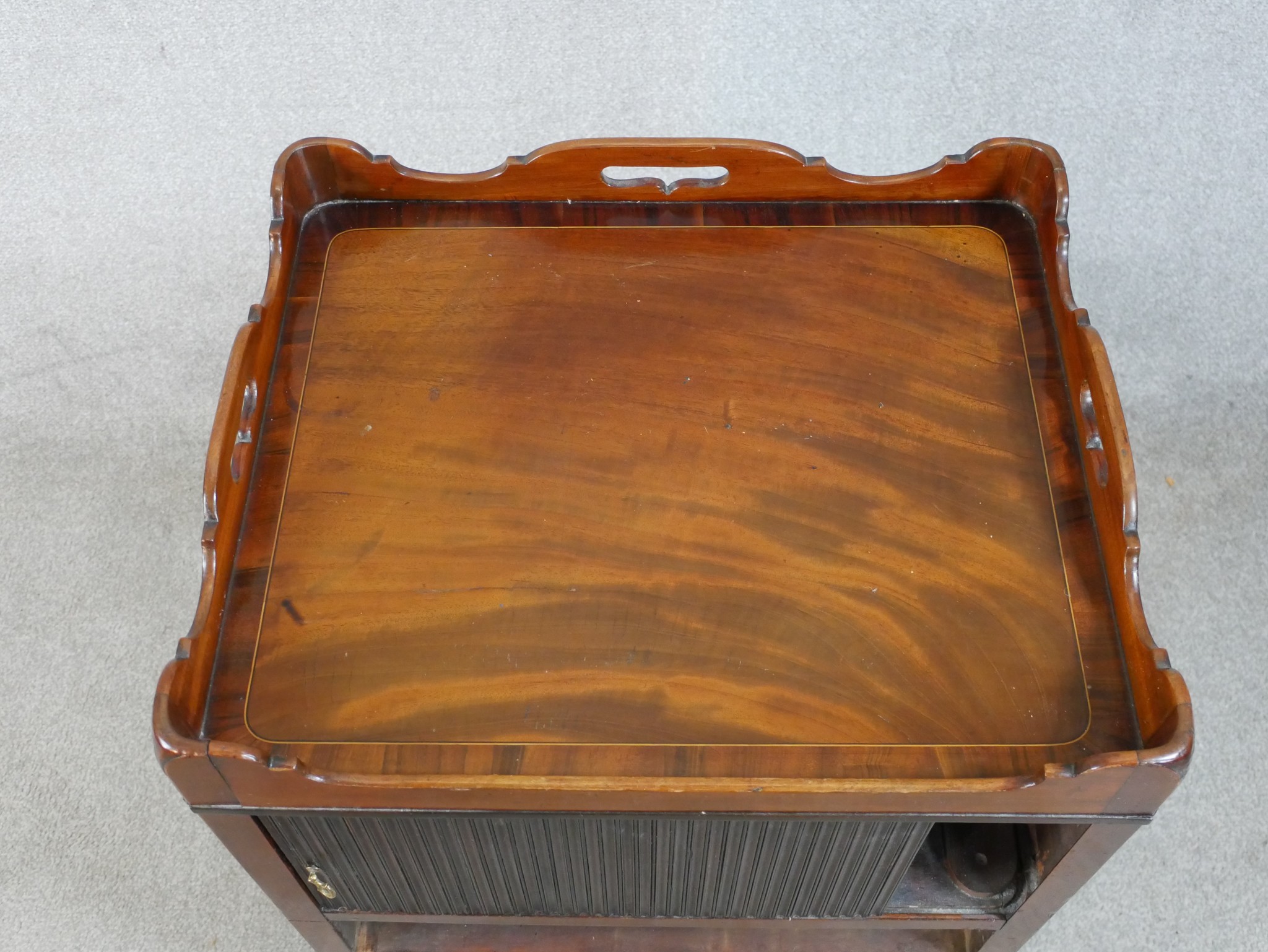 A George III mahogany tambour fronted tray top commode, raised on square tapering supports. H.77 W. - Image 2 of 6