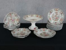 An early 20th century English porcelain part dessert service decorated with central panel of Chinese