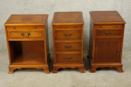 Three assorted contemporary Yew wood bedside cabinets comprising of a three drawer chest of drawers,