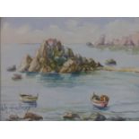 Indistinctly (20th century), rock covered island with rowing boats, watercolour on paper, signed and