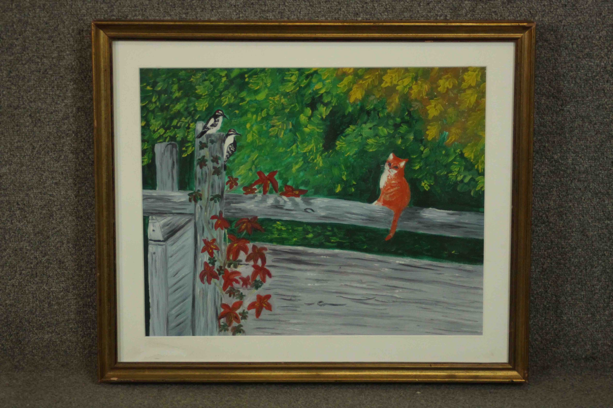 A framed oil on canvas of a ginger cat on a garden fence with woodpecker, unsigned. H.54 W.63cm. - Image 2 of 7