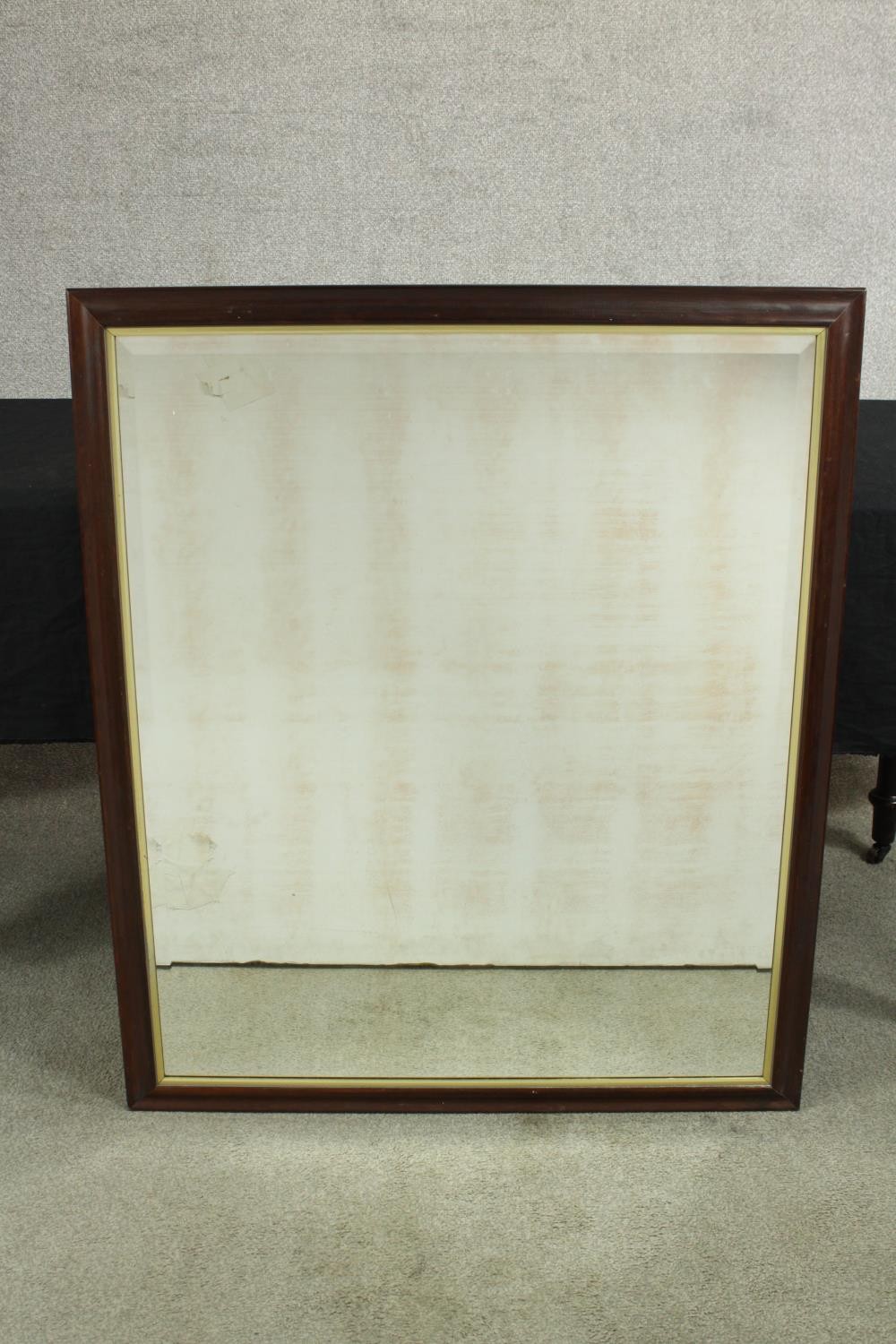 A 20th century stained mahogany rectangular and gilt framed wall hanging mirror. H.101 W.86cm. - Image 3 of 8