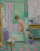 Ash (20th century) nude woman entering the bath, oil on canvas, signed and framed. H.90 W.73cm