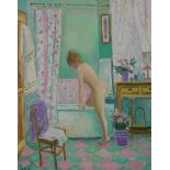 Ash (20th century) nude woman entering the bath, oil on canvas, signed and framed. H.90 W.73cm