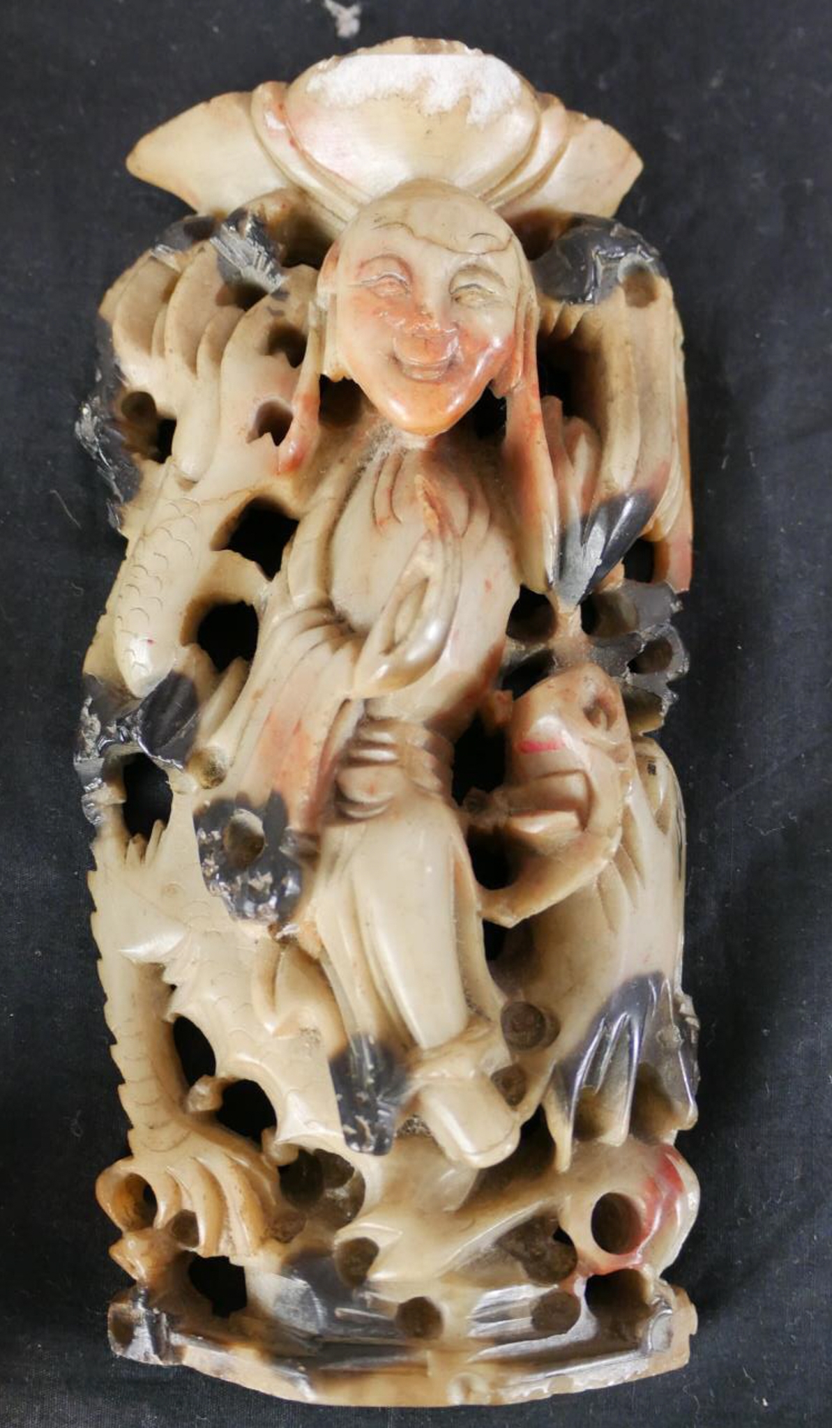A 20th century carved soapstone lady with animals, two white metal salt and pepper shakers cast in - Image 2 of 8