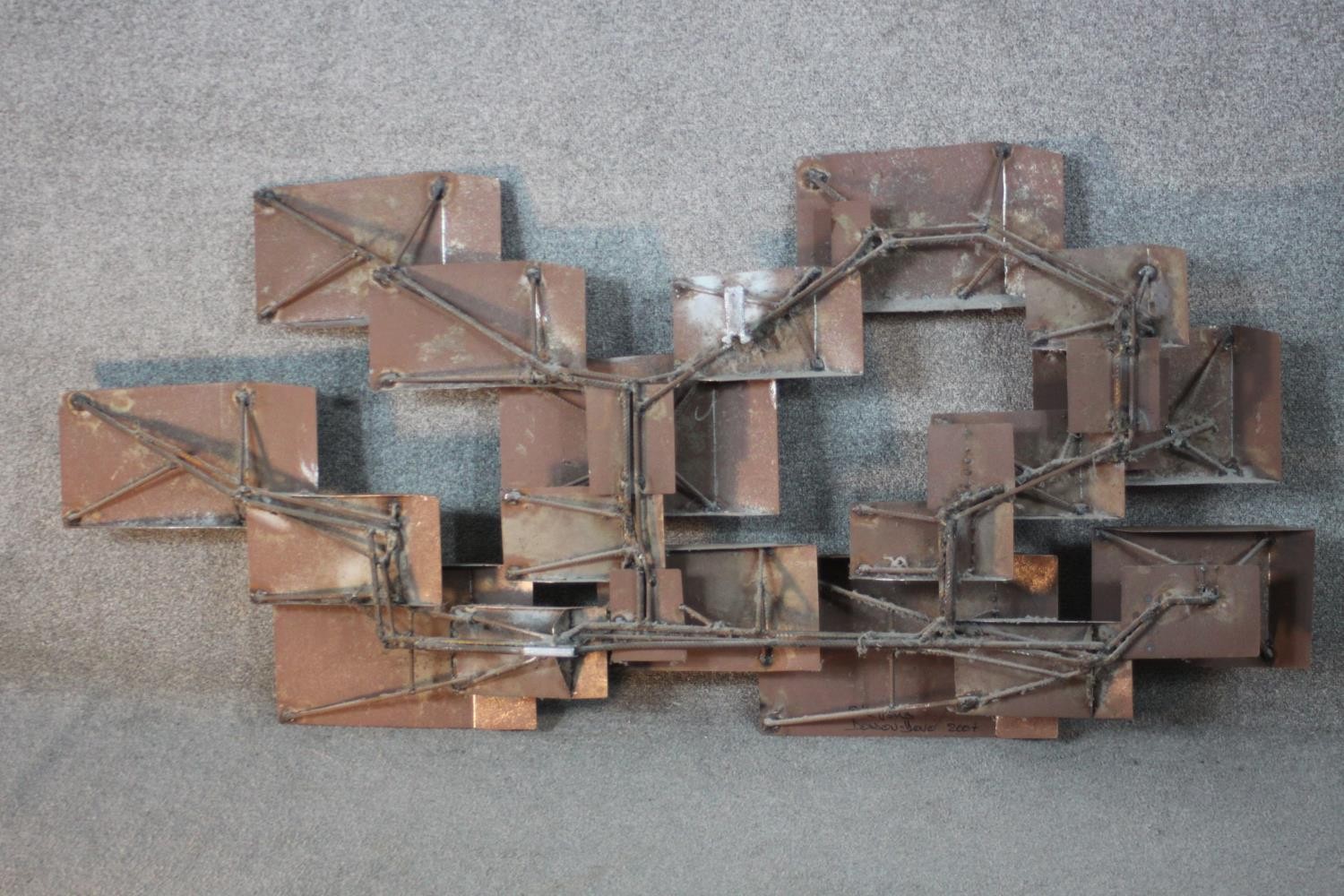 Stevens Dossou-Yovo (French b.1969) An abstract brushed raw and oxidized steel geometric sculpture - Image 5 of 7