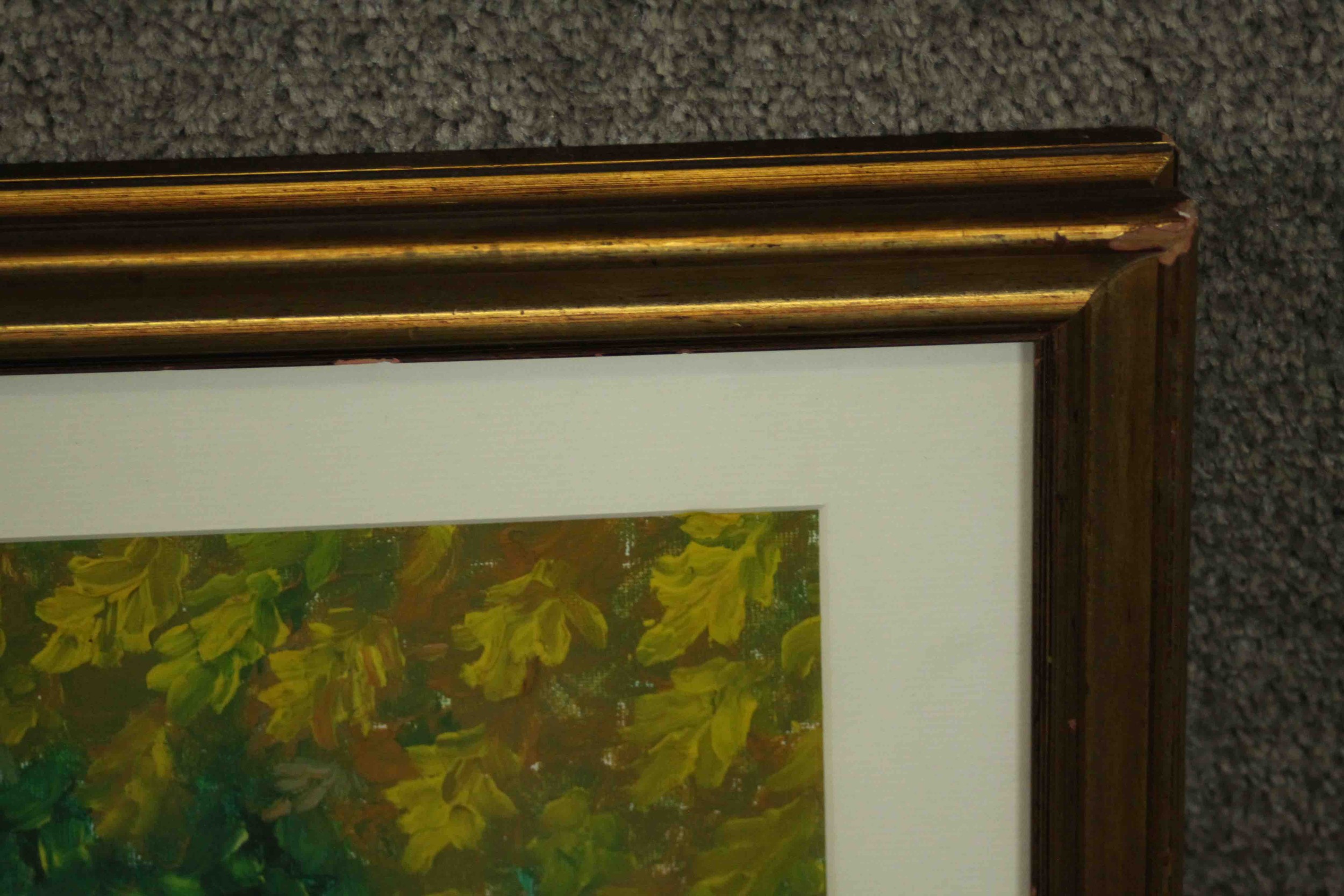 A framed oil on canvas of a ginger cat on a garden fence with woodpecker, unsigned. H.54 W.63cm. - Image 6 of 7