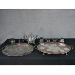 Two silver plated gallery trays, together with assorted pewter to include a part teaset and a